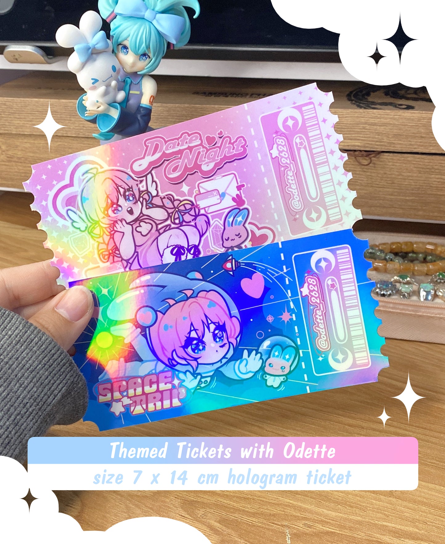 Cute Themed Tickets with Odette illustrations | Sparkly Hologram tickets