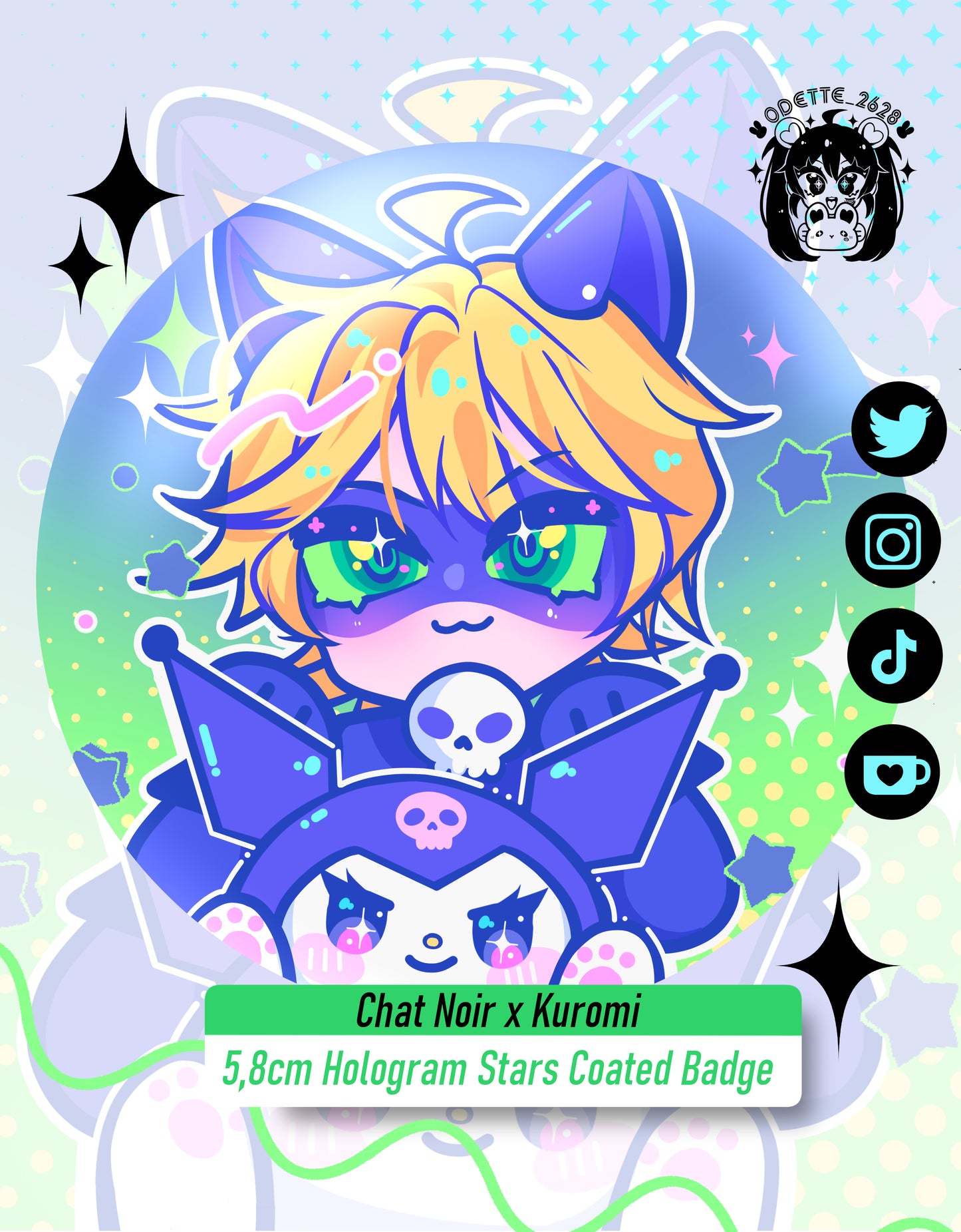 Chat Noir x Kuromi | 5,8cm Hologram Stars Coated Badge