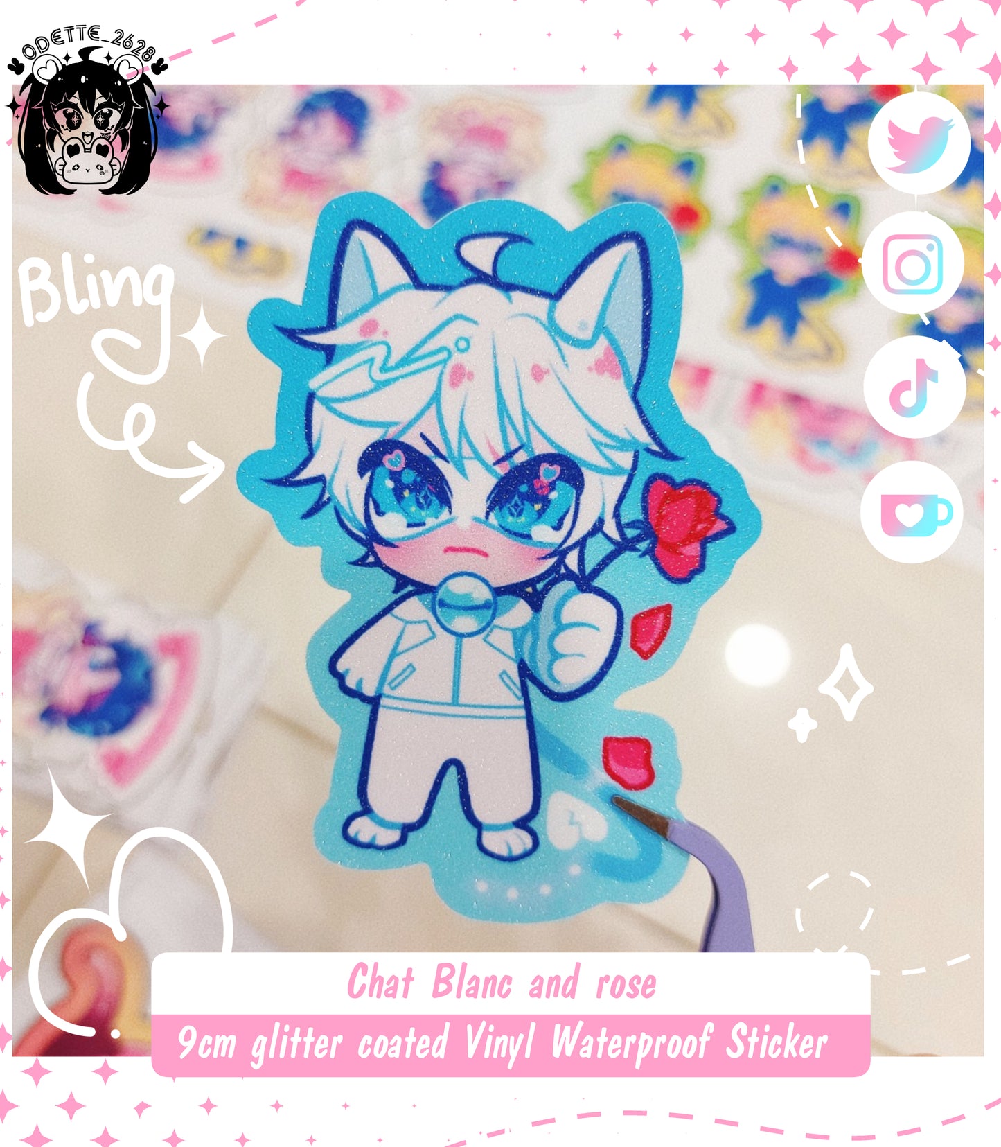 Chat Blanc Holding Rose , Valentine Theme | Miraculous Ladybug Fanart| 9cm Sticker