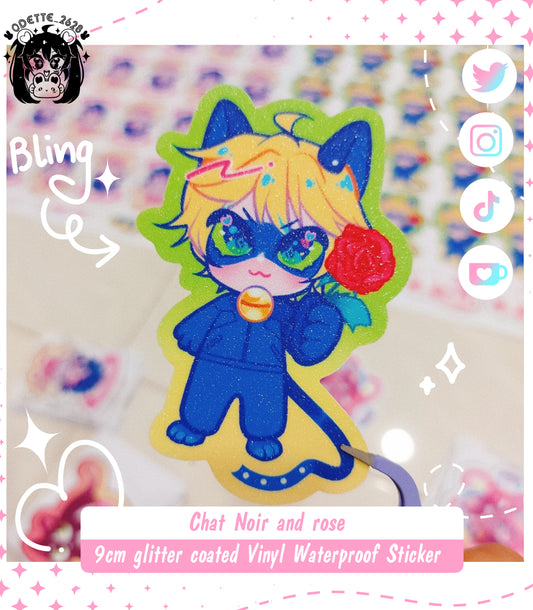 Chat Noir Holding Rose , Valentine Theme | Miraculous Ladybug Fanart| 9cm Sticker