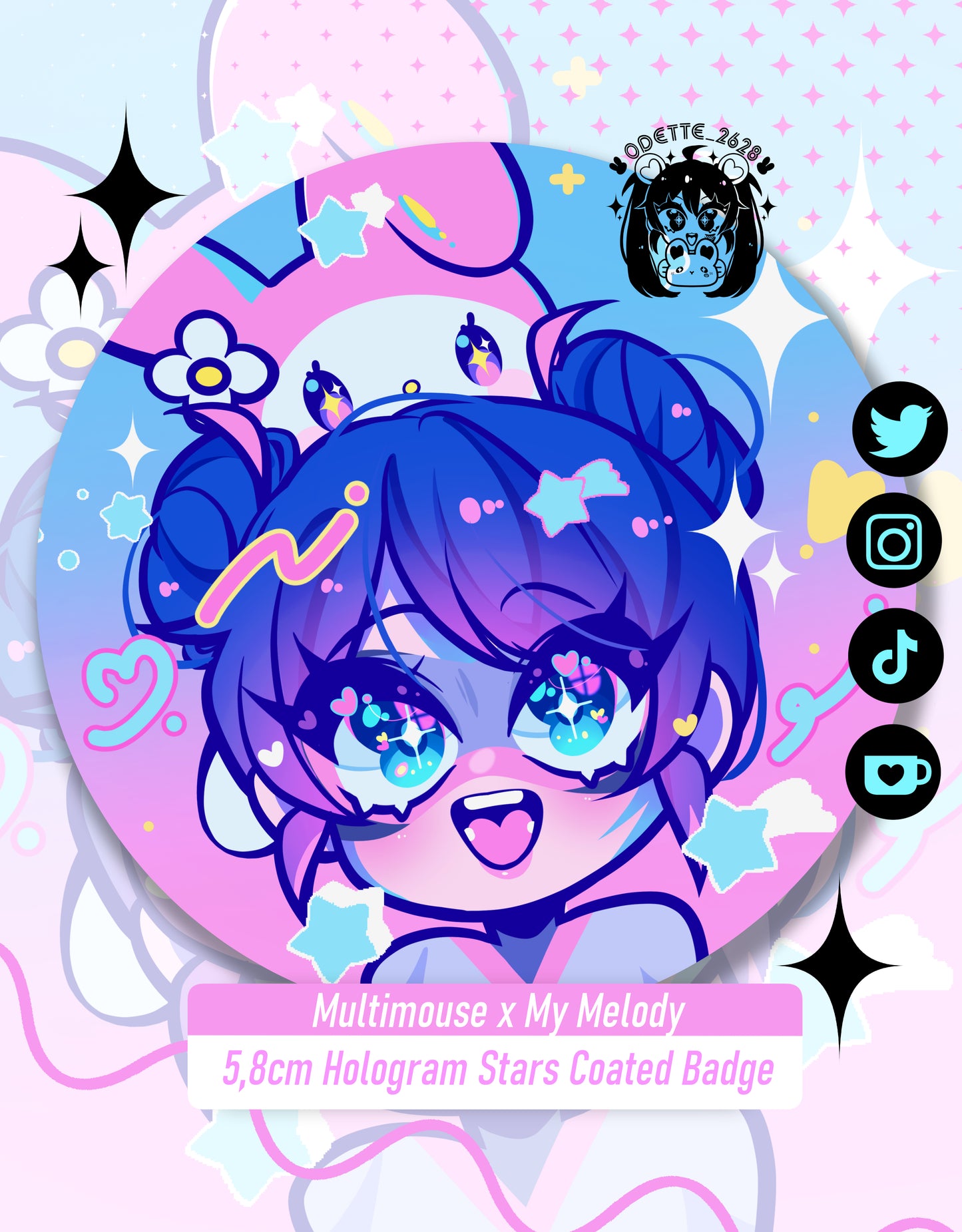 Multimouse x My Melody ( Miraculous Ladybug) | 5,8cm Hologram Stars Coated Badge